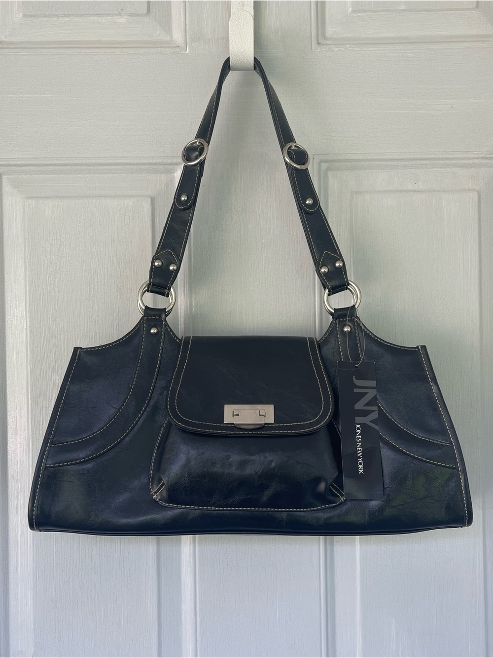 Jones New York Black Faux Leather Shoulder Satchel with Front Flap Pocket